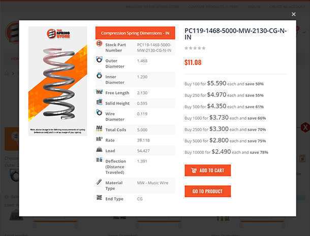 compression spring finder results in quickview pop-up