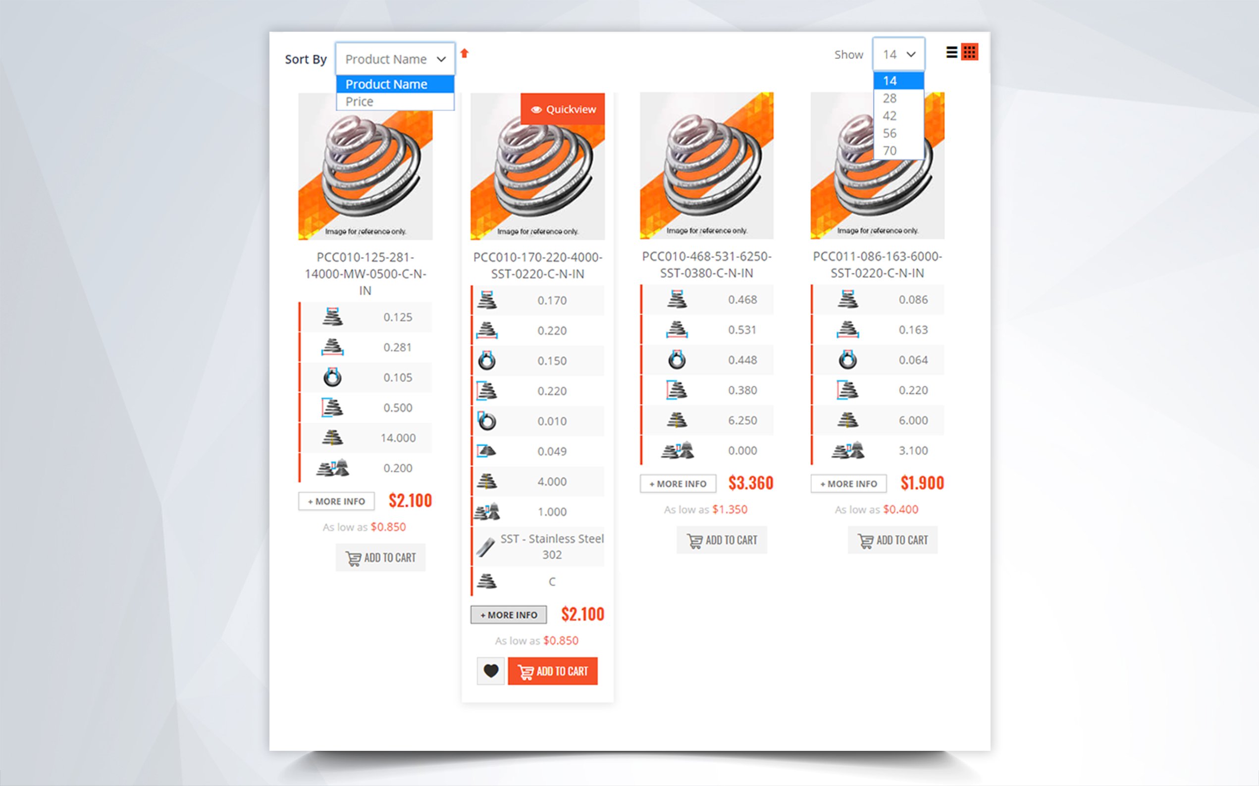conical spring finder results in grid format