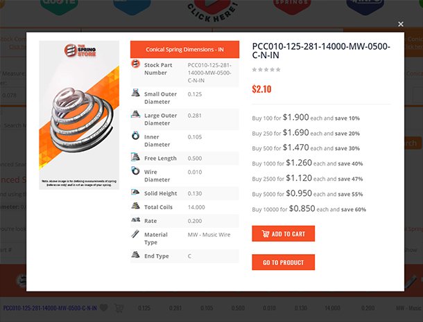 conical spring finder results in quickview pop-up
