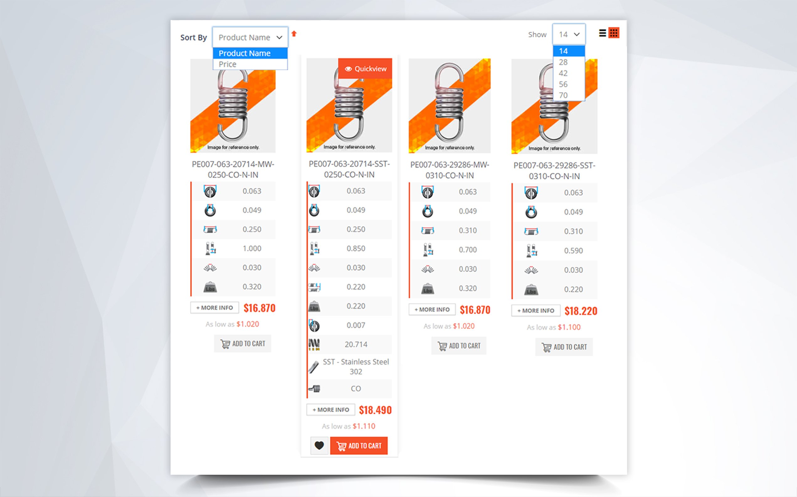 extension spring finder results in grid format