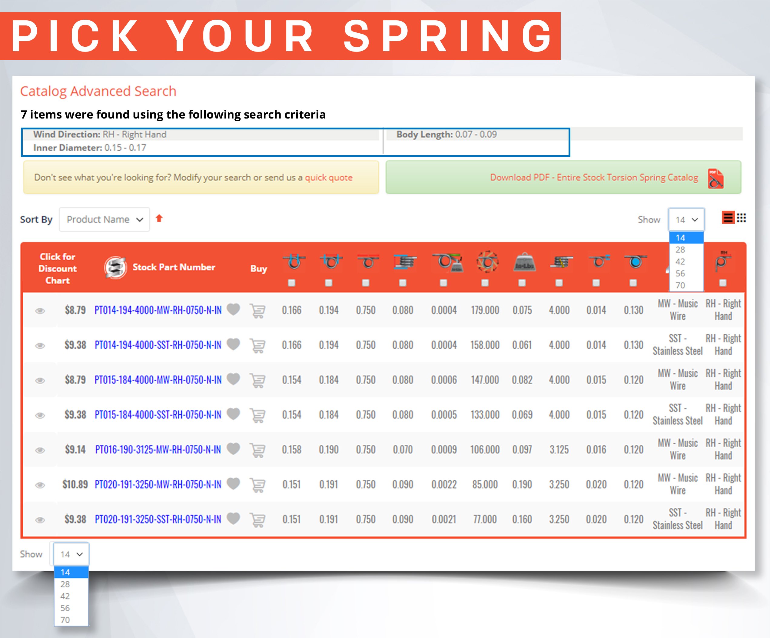 torsion spring finder results in a table list